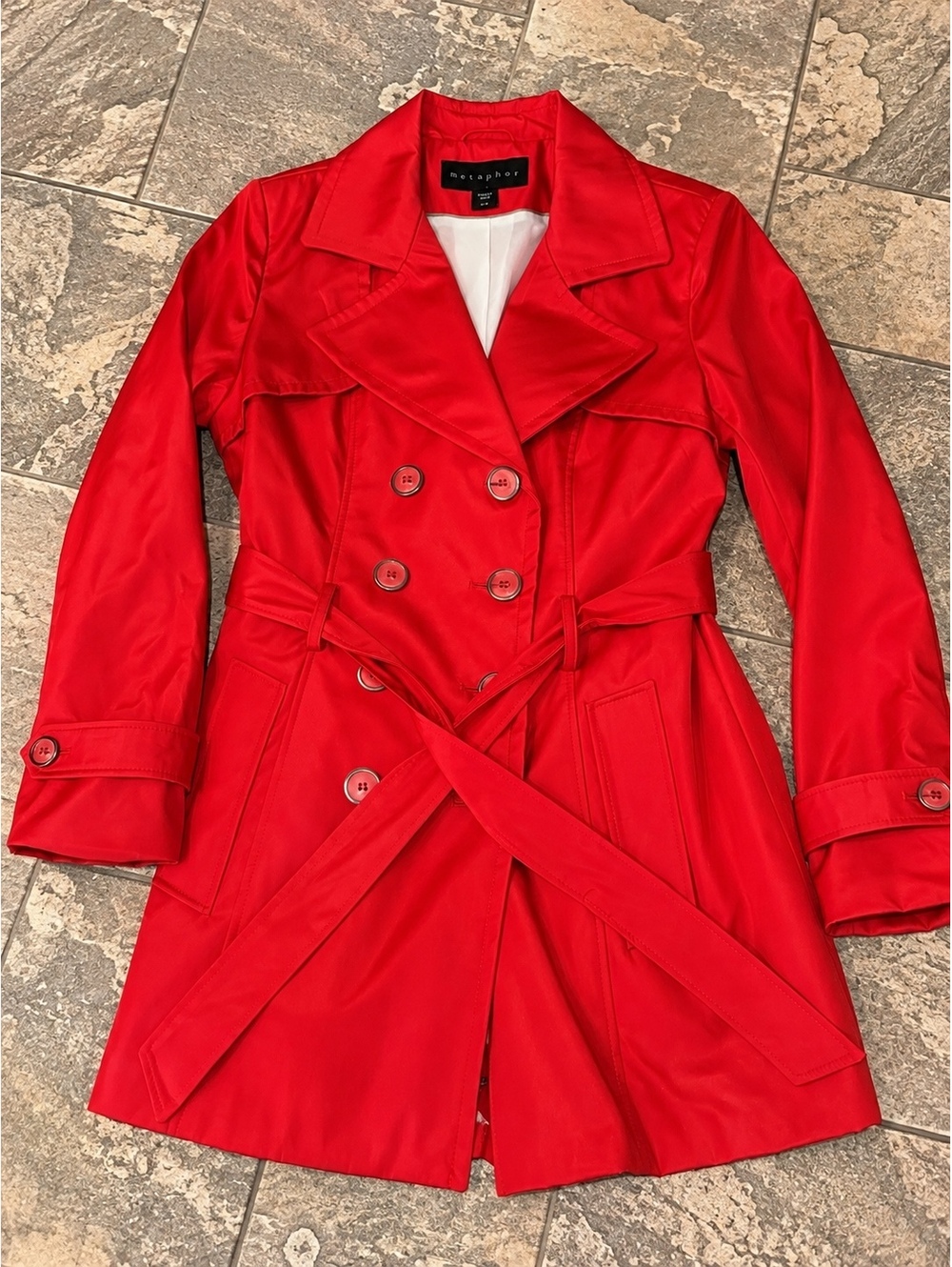 Metaphor Women’s Red Double Breasted Belted Trench Coat Size Medium